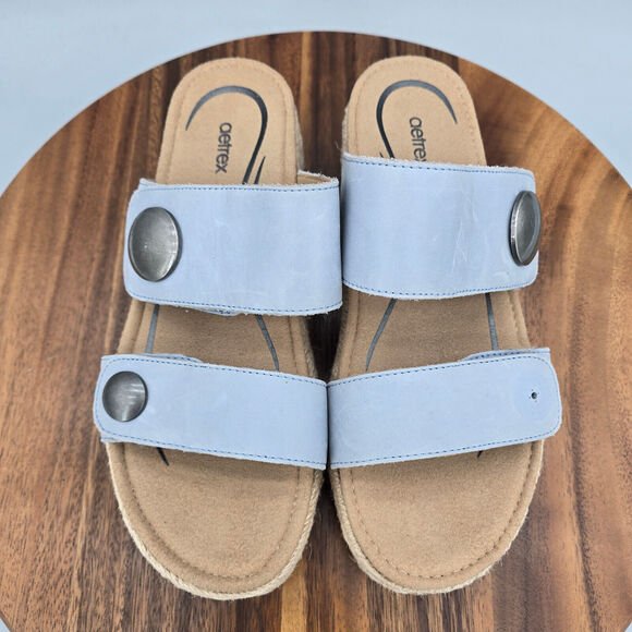 Aetrex Sofie Sandals Women's 7.5 Blue Leather Straps Comfort Buttons Platform - Picture 6 of 11